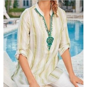 Soft Surroundings Elisha Tunic Top Beaded Striped Roll Tab Sleeve Pockets Size L